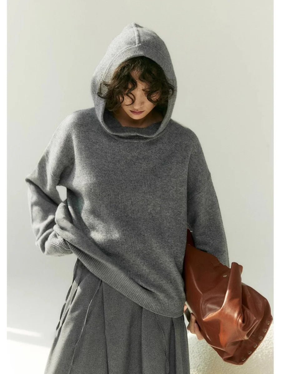 Women's Grey Hooded Cashmere-Blend Pullover – Warm Winter Jumper
