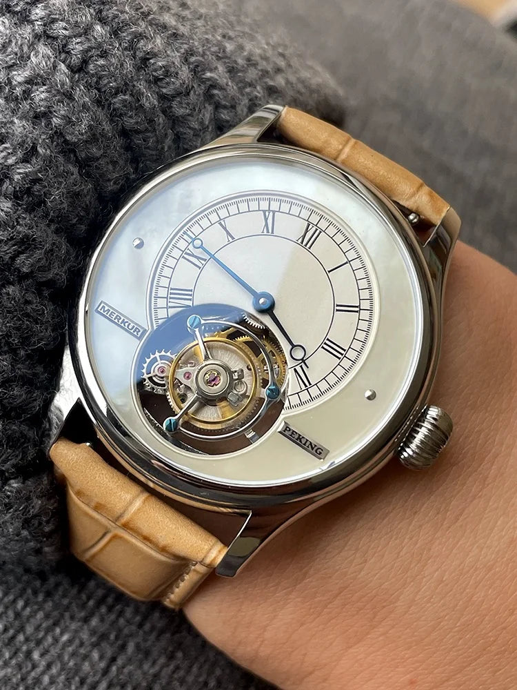 Merkur Men's Tourbillon Watch – Sapphire, Mother of Pearl Dial, 42mm