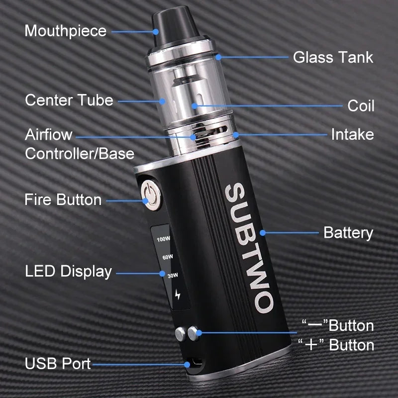 SUBTWO 100W Vape Box Mod E Cigarettes Kit 30W/60W/100W Power Adjust Battery with 0.3ohm 2.5ml Bottom Atomizer Vaper Smoke Pen