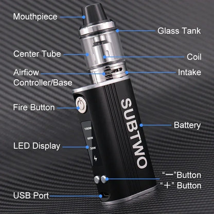 SUBTWO 100W Vape Box Mod E Cigarettes Kit 30W/60W/100W Power Adjust Battery with 0.3ohm 2.5ml Bottom Atomizer Vaper Smoke Pen