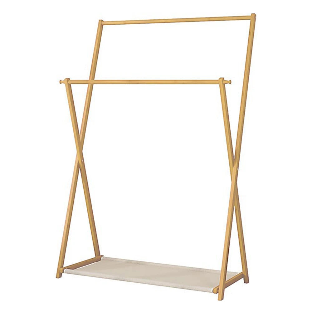Bamboo Double-Rod Clothes Rack – Sturdy Garment Rail with Hooks