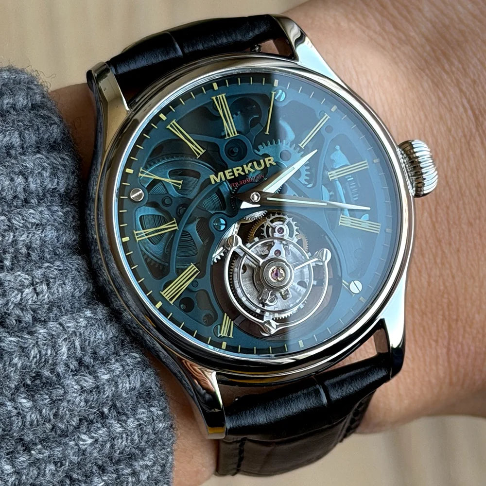 Merkur Men's Tourbillon Skeleton Watch – Sapphire, Green Dial