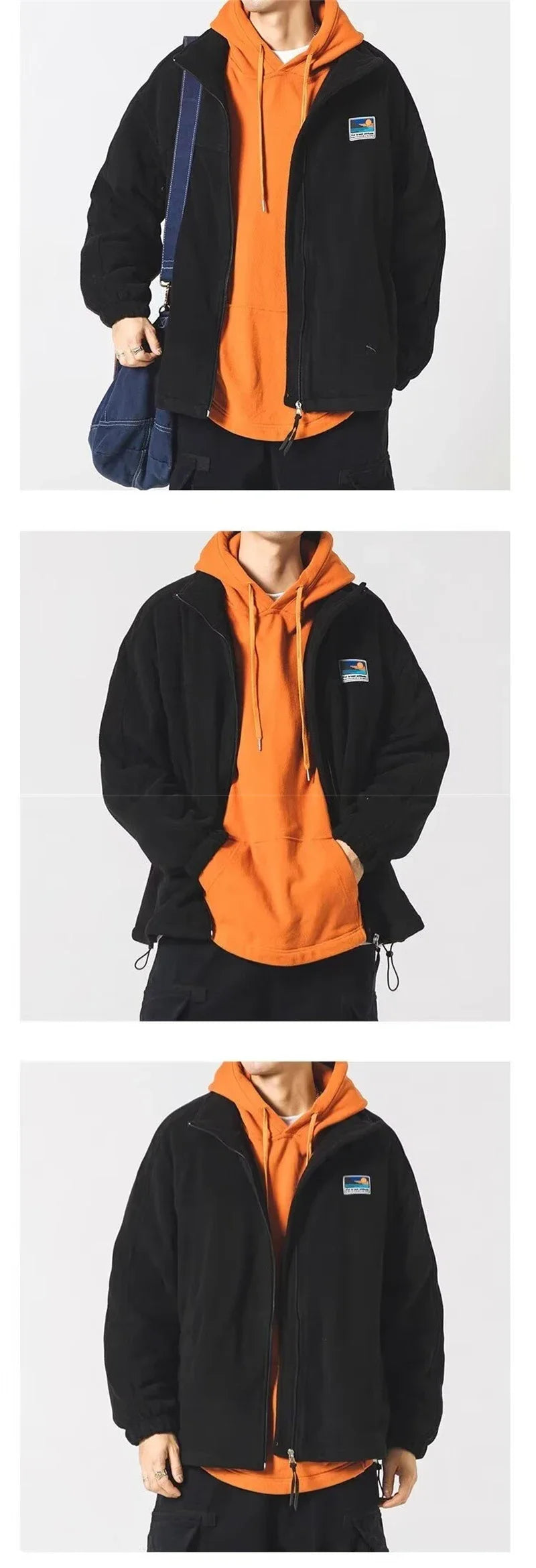 Autumn Men's Vintage Polar Fleece Jackets Appliques Zipper Loose Fit Outwear Lambswool Coat Winter Stand Collar Bomber Jacket
