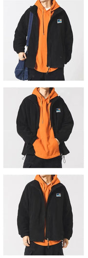 Autumn Men's Vintage Polar Fleece Jackets Appliques Zipper Loose Fit Outwear Lambswool Coat Winter Stand Collar Bomber Jacket