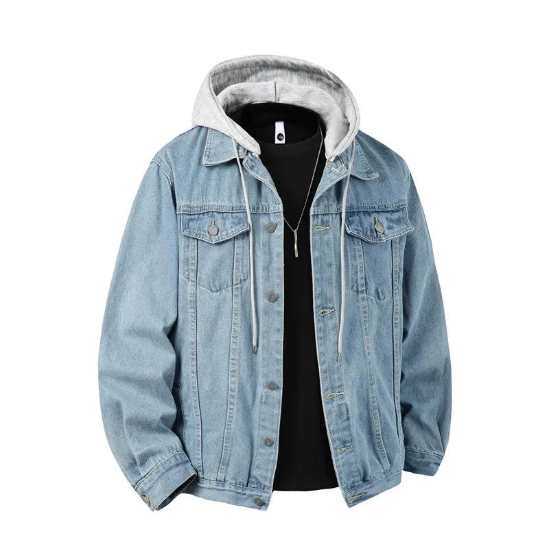 Men's Hooded Denim Jacket – Loose Streetwear Coat, Detachable Hood