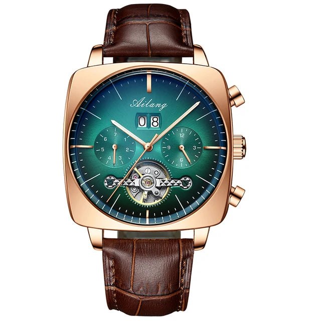 AILANG Men's Automatic Mechanical Watch – Hollow Dial, Calendar, Leather Strap