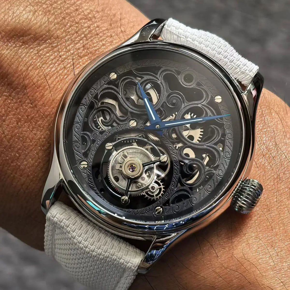 Jacques Genry Men's Tourbillon Watch – 42mm, Manual, Hollow Carved Dial