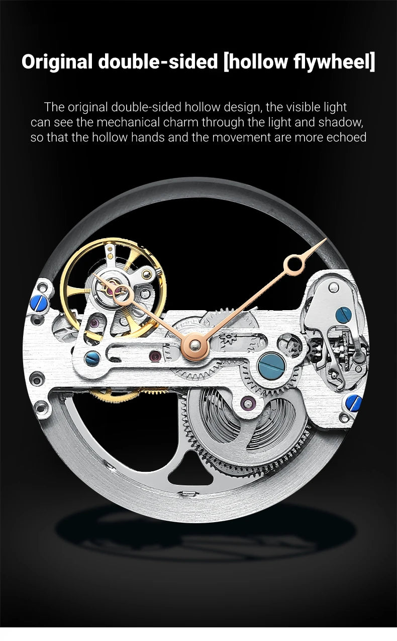 AILANG Men's Hollow Automatic Mechanical Watch – Black Leather, Skeleton Dial