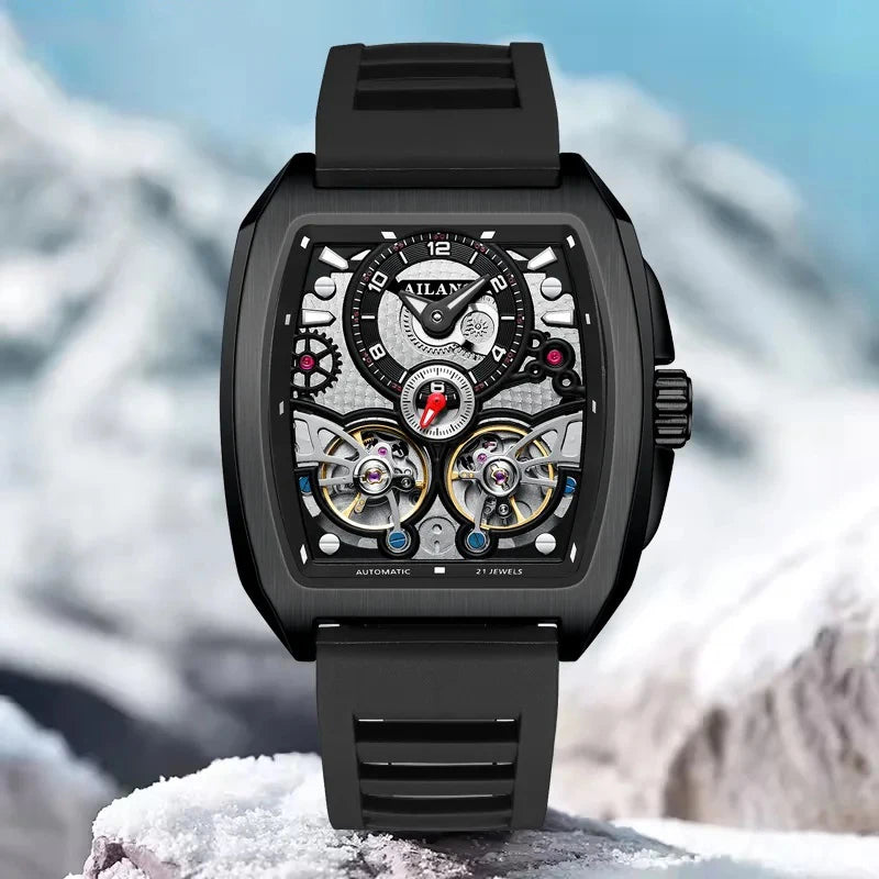 AILANG Men's Double Tourbillon Automatic Watch – Silicone Strap, Luminous