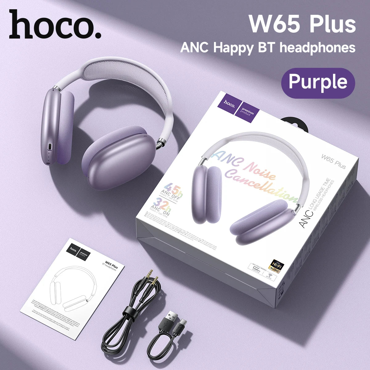 HOCO W65 Plus ANC Noise Reduction Bluetooth Headphones Over The Ear Wireless Big Earphone Hifi Sounds Sport Headsets With Button
