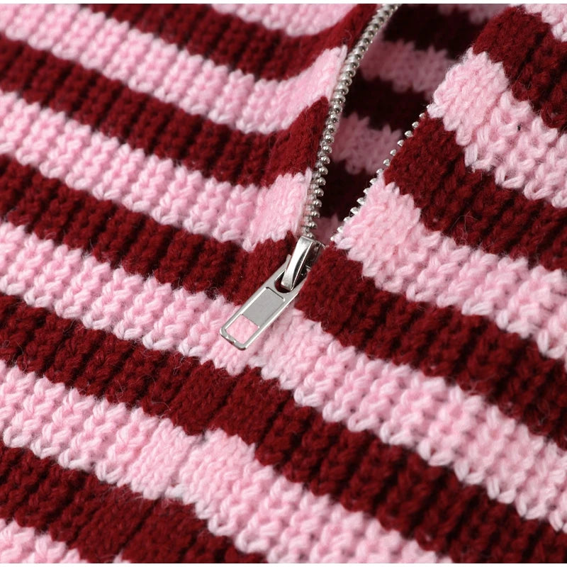 Women's Striped Zip-Up Knit Cardigan – Stand Collar, Loose Fit