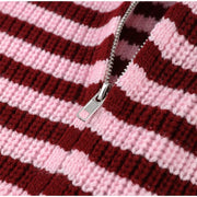 Women's Striped Zip-Up Knit Cardigan – Stand Collar, Loose Fit