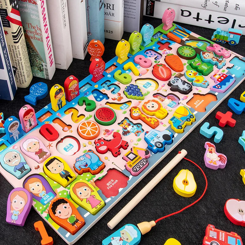 7-in-1 Wooden Learning Board & Magnetic Fishing Game