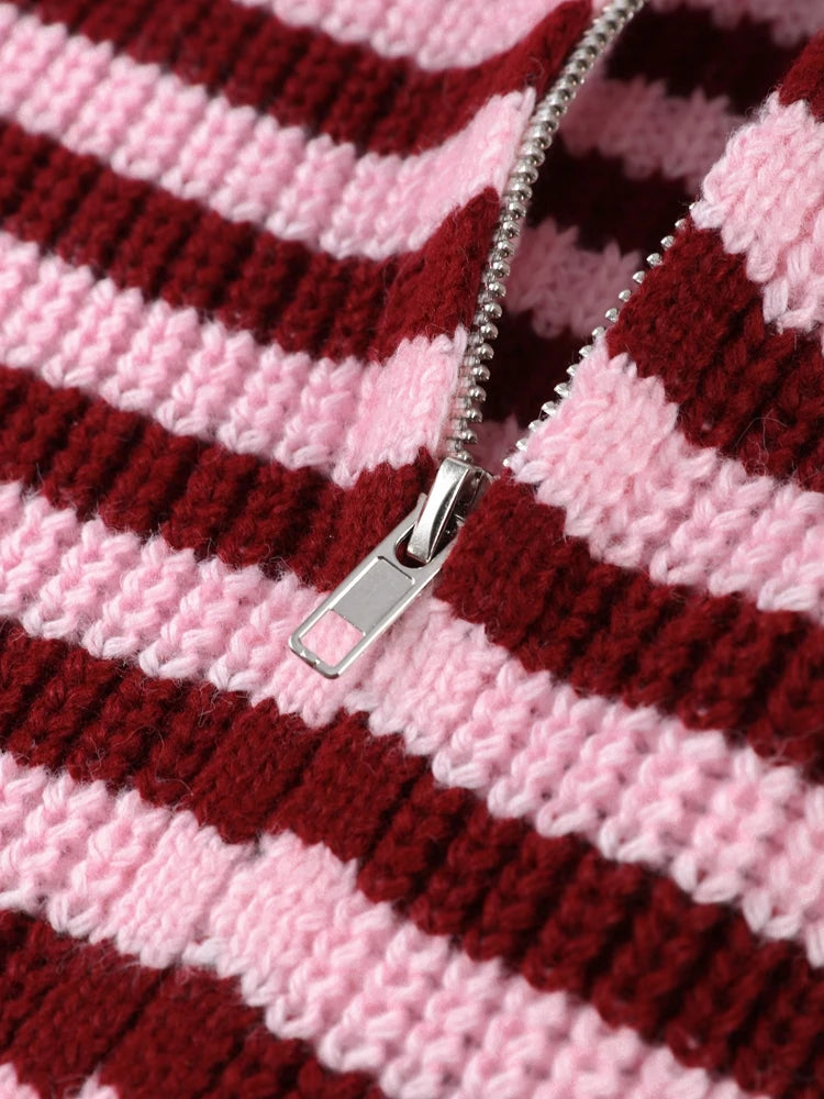 Women's Striped Zip-Up Knit Cardigan – Stand Collar, Loose Fit