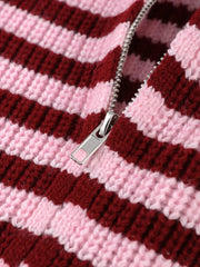 Women's Striped Zip-Up Knit Cardigan – Stand Collar, Loose Fit