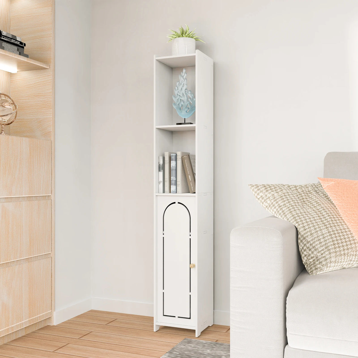 4-Tier White Bathroom Floor Cabinet – Freestanding Storage Unit with Doors