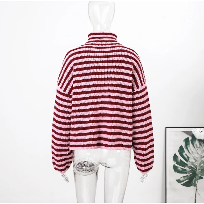 Women's Striped Zip-Up Knit Cardigan – Stand Collar, Loose Fit