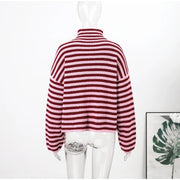 Women's Striped Zip-Up Knit Cardigan – Stand Collar, Loose Fit