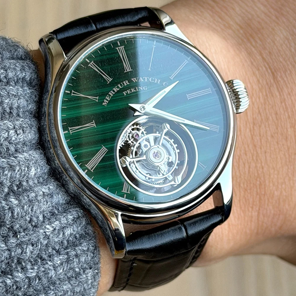 Merkur Men's Tourbillon Watch – Natural Malachite Stone Dial, Sapphire