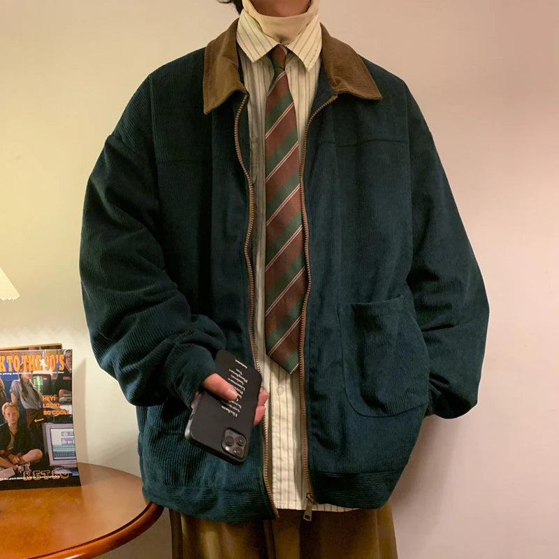 Men's Vintage Corduroy Jacket – Loose Fit Zip-Up Casual Coat