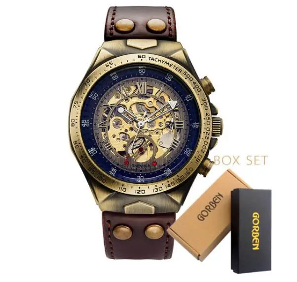 Retro Style Men Automatic Mechanical Watch Skeleton Steampunk Genuine Leather Band Mens Self Winding Wrist Watches Men Reloj