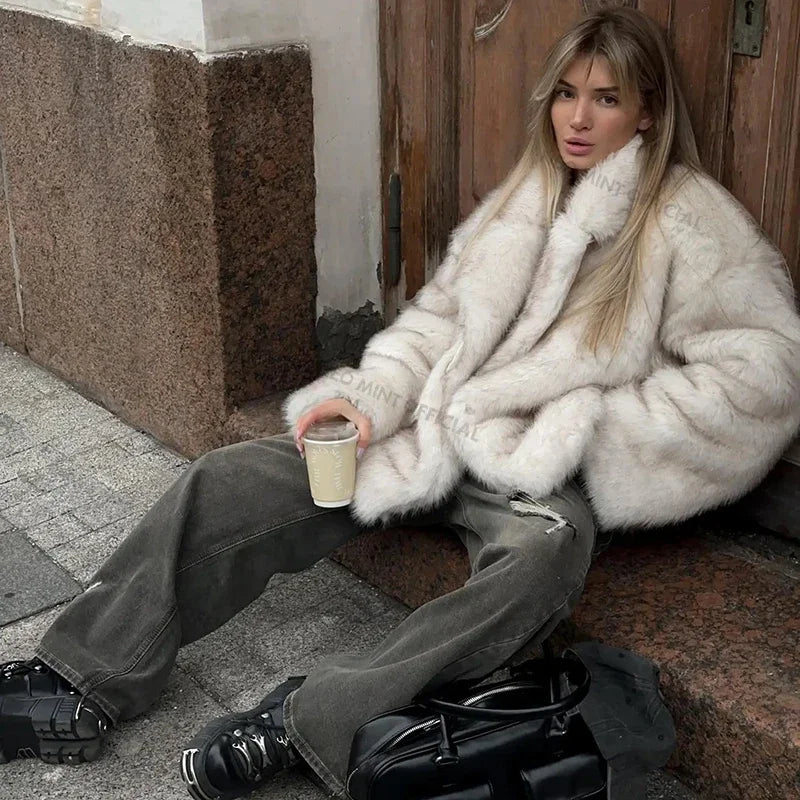 Neo Mint Women's Oversized Faux Fur Coat – Gradient Fluffy Winter Jacket