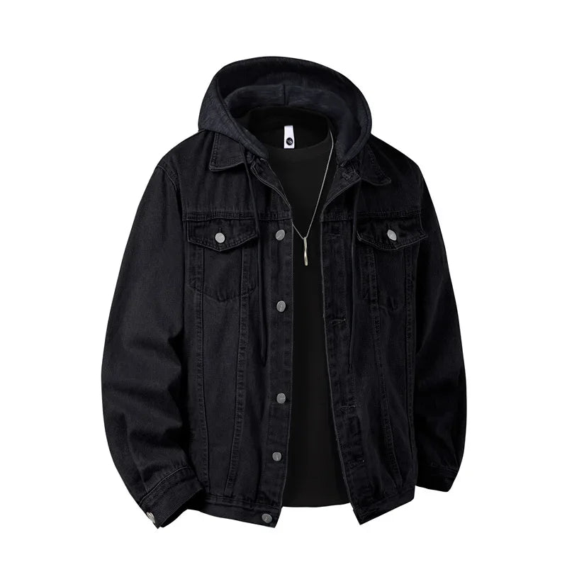 Men's Hooded Denim Jacket – Loose Streetwear Coat, Detachable Hood