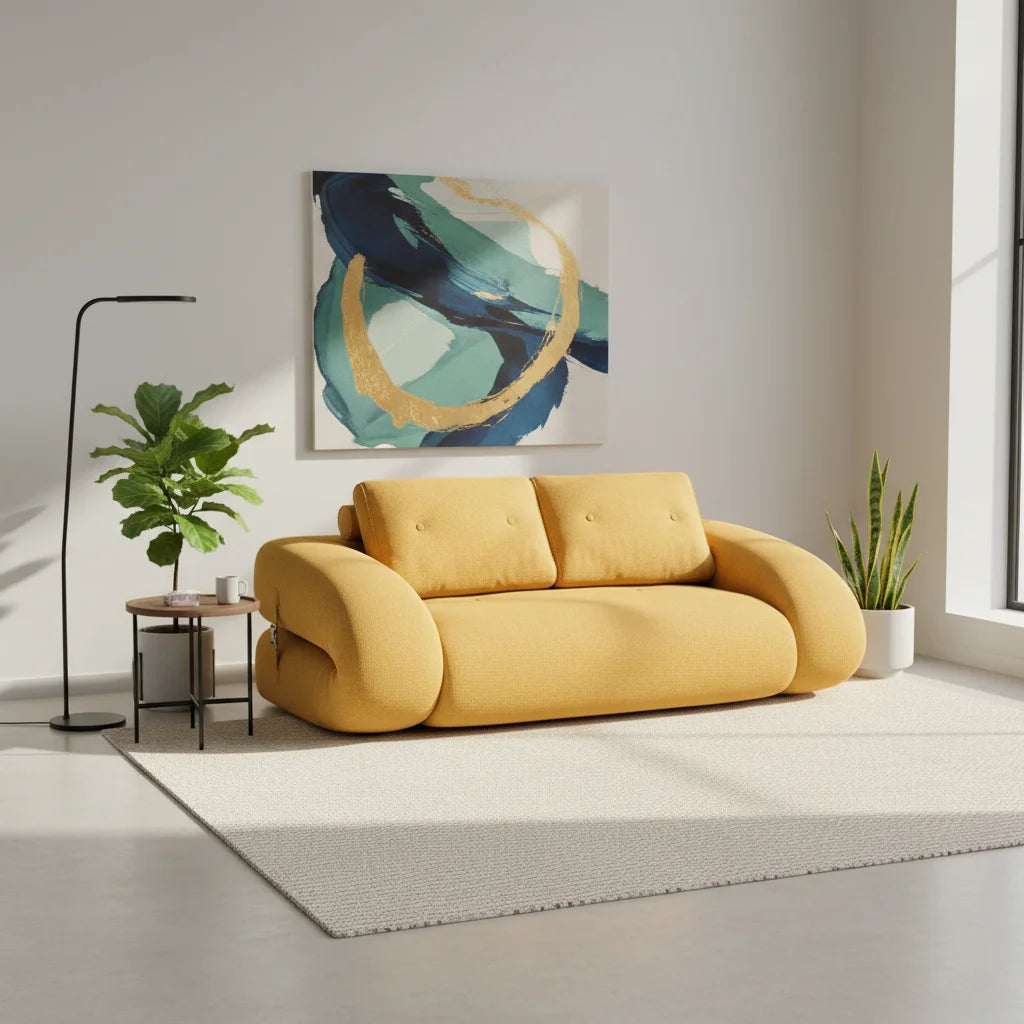 Textured Fabric Convertible Sofa Bed — 2-Seater L-Shape, Rounded Arms - photo 4