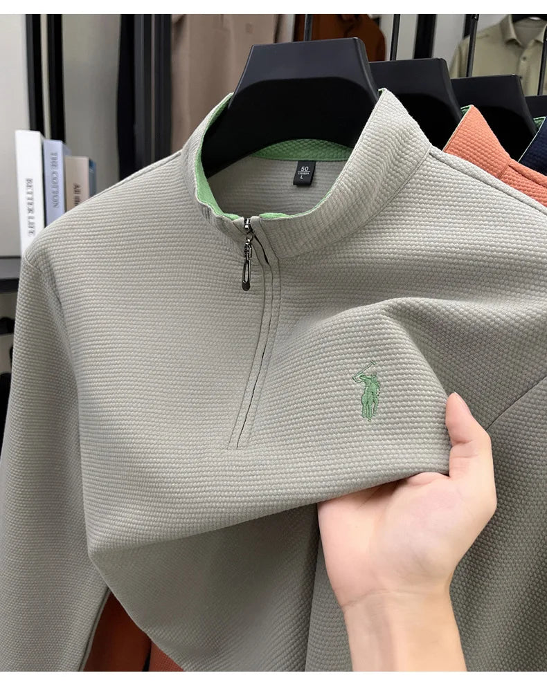 Men's Half-Zip Pony Embroidery Pullover – Stand-Collar Casual Top