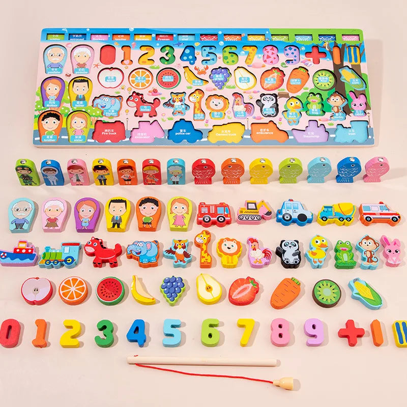 7-in-1 Wooden Learning Board & Magnetic Fishing Game