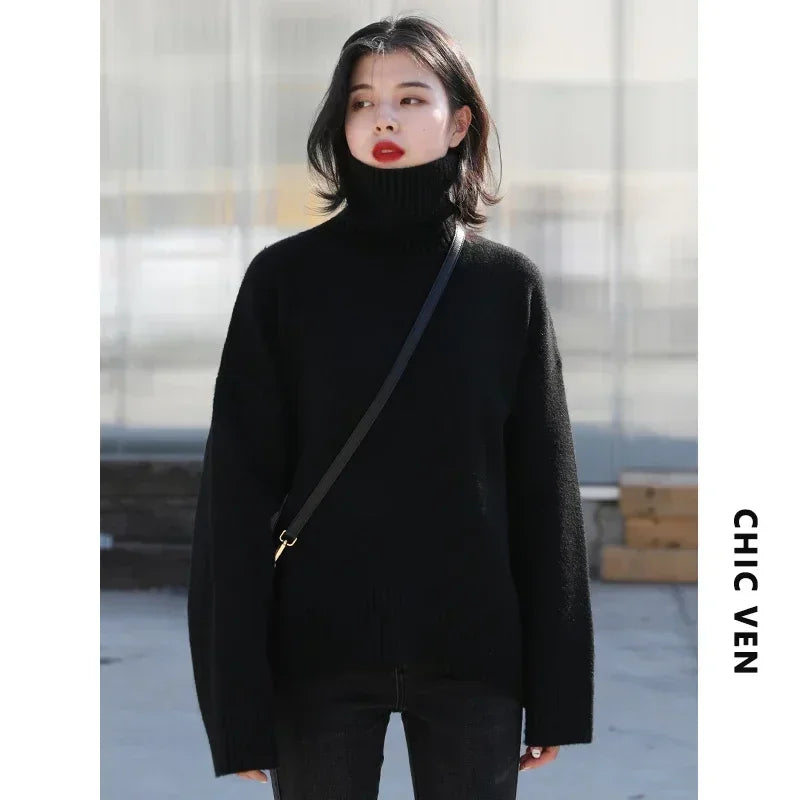 CHIC VEN Women's Loose Turtleneck Jumper – Warm Knitted Winter Sweater