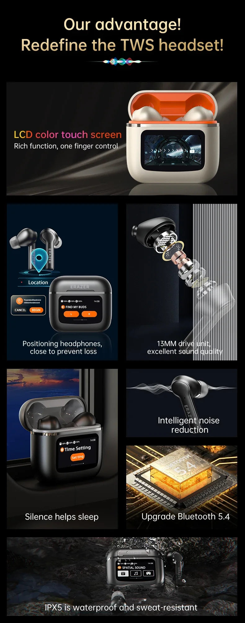 ERAZER XP1 Bluetooth Earphones – LCD Touch-Screen Charging Case