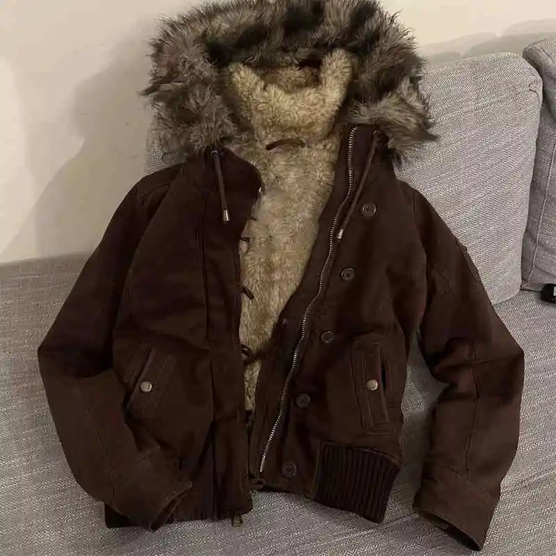 Women's Fleece-Lined Hooded Jacket – Vintage Winter Coat with Fur Collar