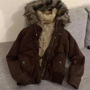 Women's Fleece-Lined Hooded Jacket – Vintage Winter Coat with Fur Collar