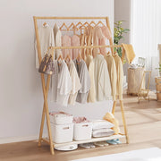 Bamboo Double-Rod Clothes Rack – Sturdy Garment Rail with Hooks