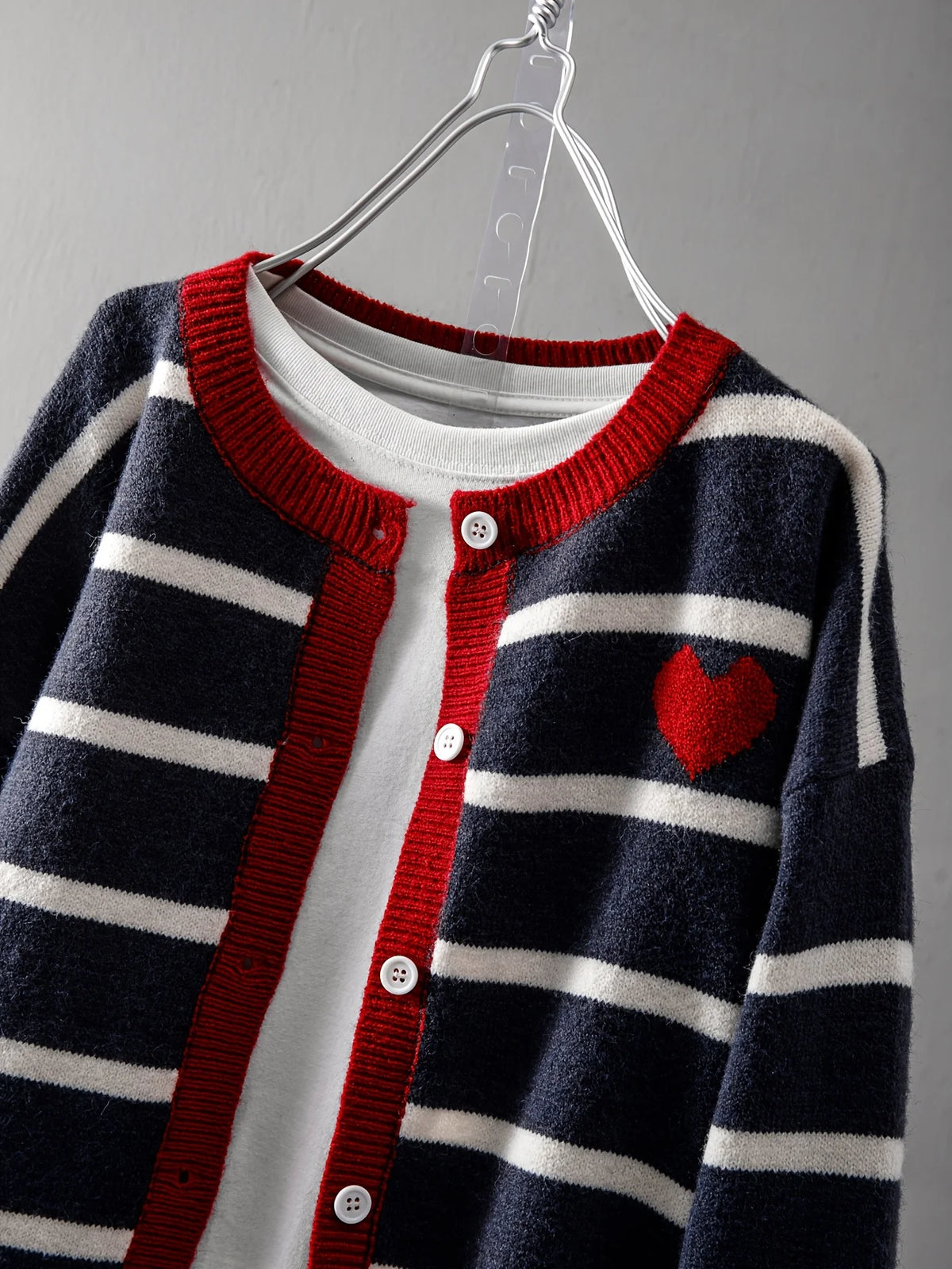 Women's Striped Heart Knit Cardigan – Cute Button-Front Sweater
