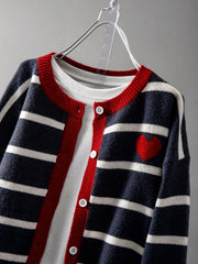 Women's Striped Heart Knit Cardigan – Cute Button-Front Sweater