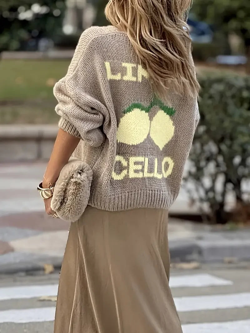 Women's Lemon Print Knit Cardigan – Button Front, Lantern Sleeves
