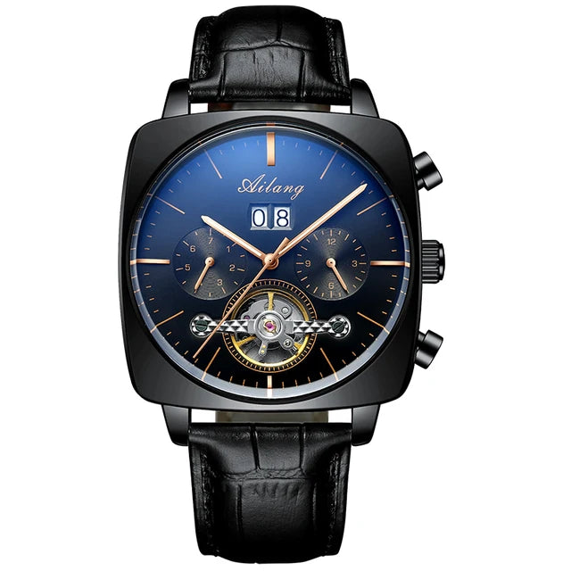 AILANG Men's Automatic Mechanical Watch – Hollow Dial, Calendar, Leather Strap