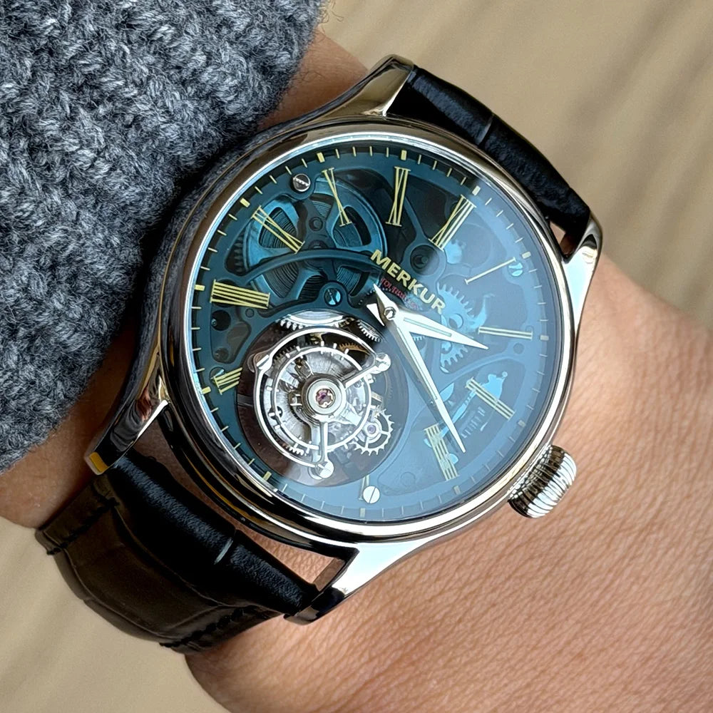 Merkur Men's Tourbillon Skeleton Watch – Sapphire, Green Dial