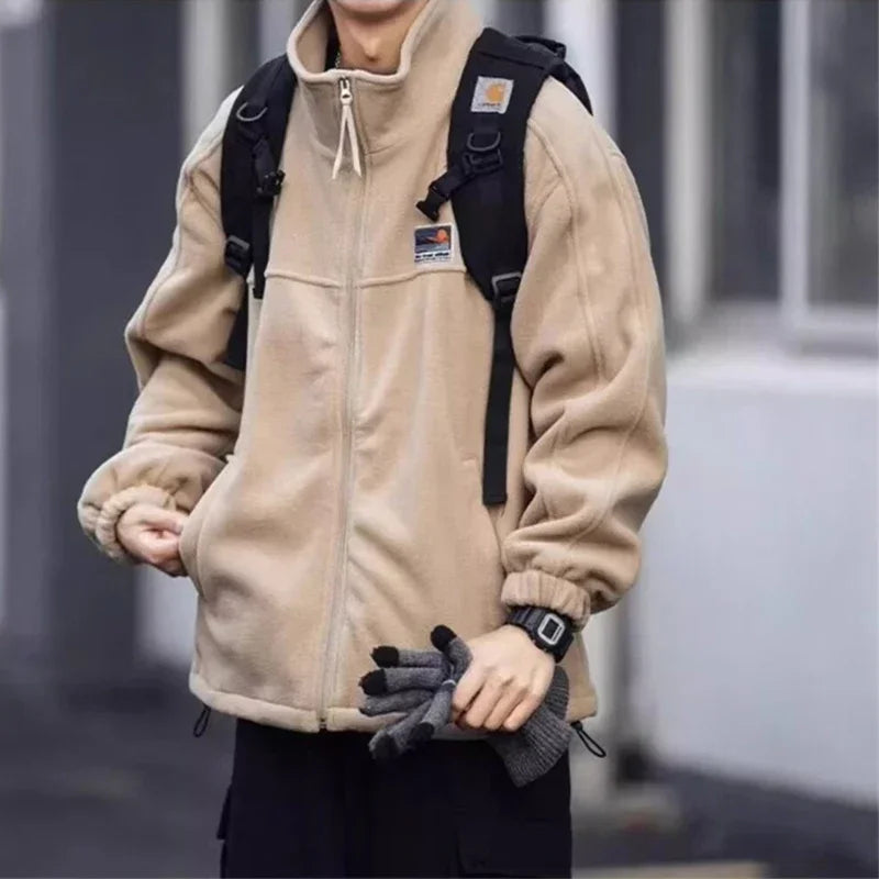Autumn Men's Vintage Polar Fleece Jackets Appliques Zipper Loose Fit Outwear Lambswool Coat Winter Stand Collar Bomber Jacket