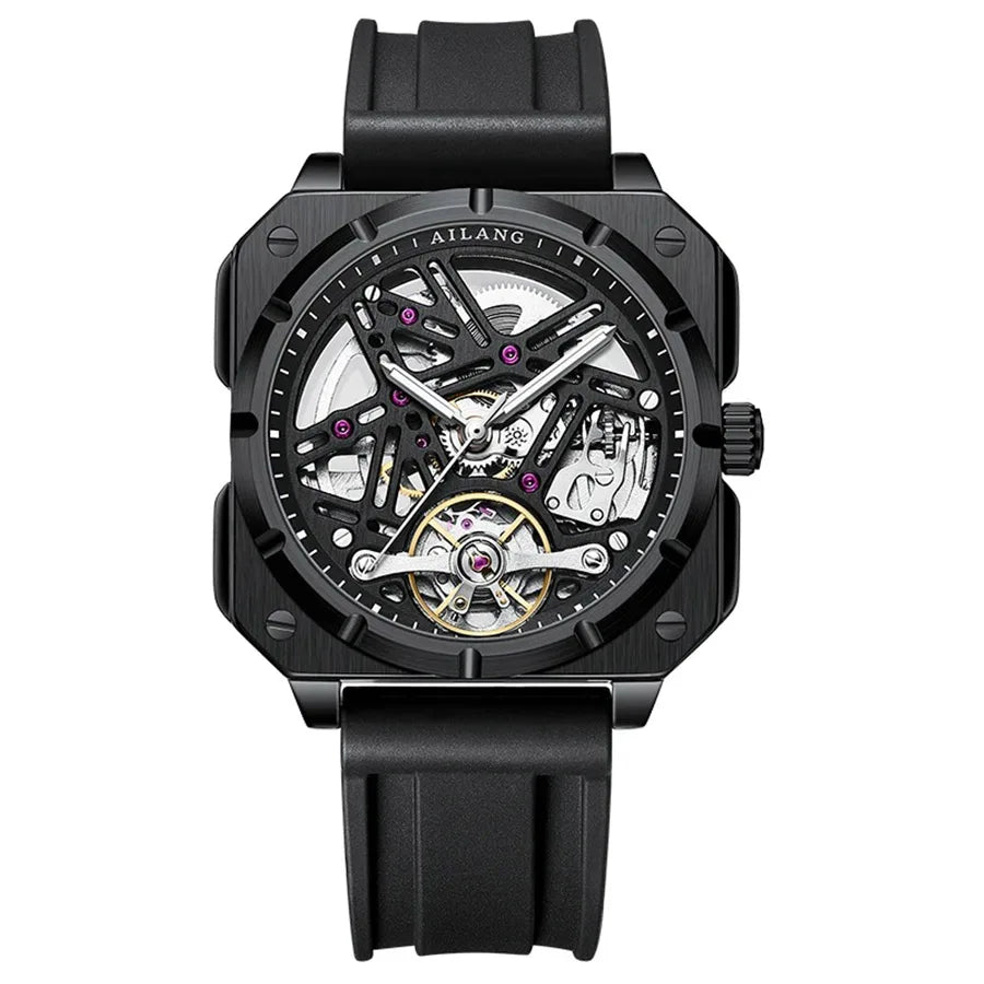 AILANG Men's Square Automatic Tourbillon Watch – Hollow Dial