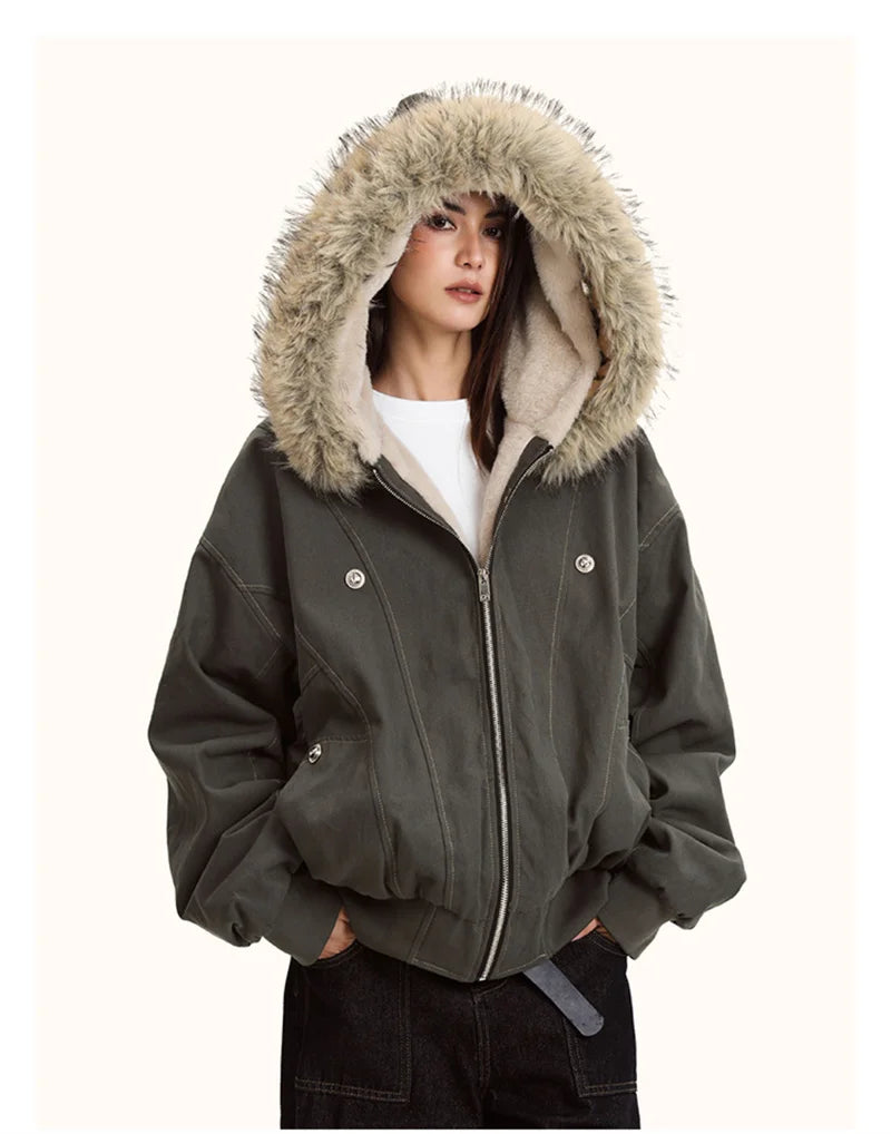 ZAROY Fur-Collar Hooded Parka – Thick Padded Y2K Winter Coat