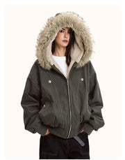 ZAROY Fur-Collar Hooded Parka – Thick Padded Y2K Winter Coat