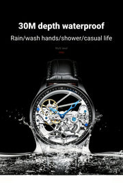 AILANG Men's Sports Automatic Watch – Leather Strap, Luminous Hollow Dial