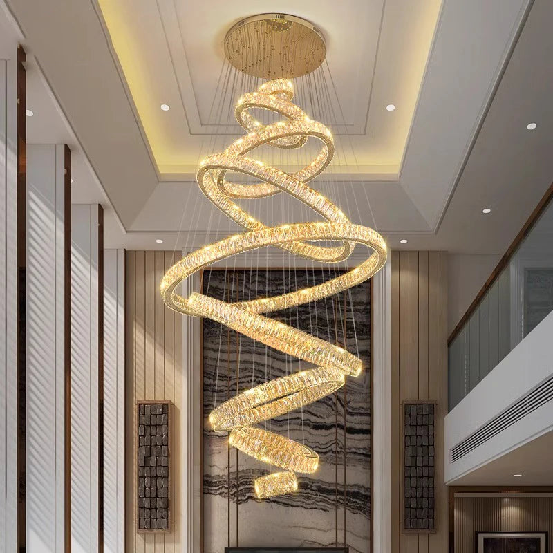 Crystal Ring Chandelier — Luxury Staircase Pendant, Remote Dimming