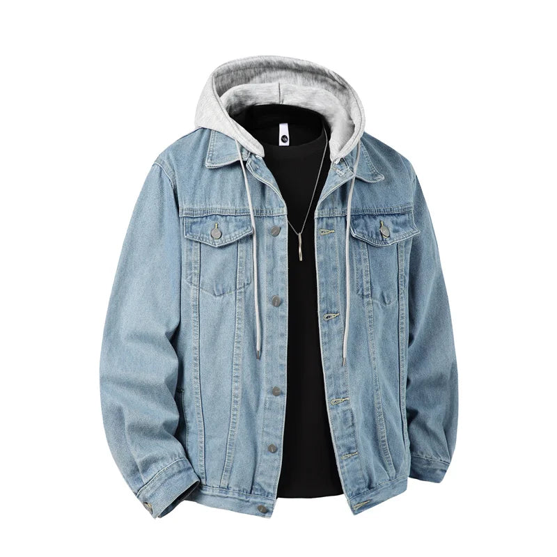 Men's Hooded Denim Jacket – Loose Streetwear Coat, Detachable Hood