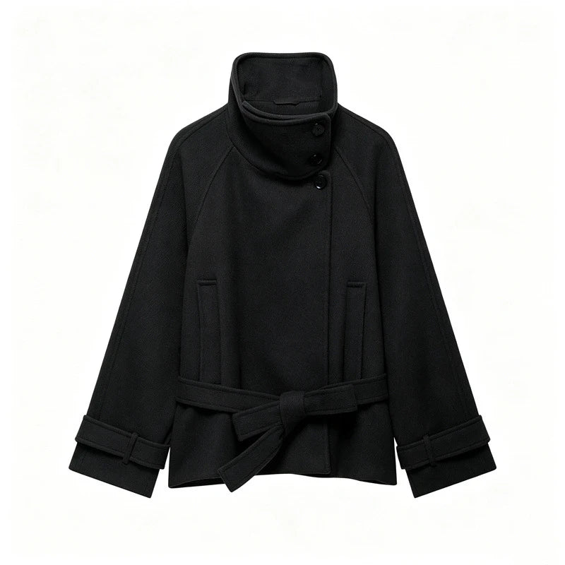 Women's Belted Wool-Blend Winter Coat – Asymmetric Lace-Up Design