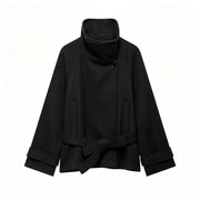 Women's Belted Wool-Blend Winter Coat – Asymmetric Lace-Up Design