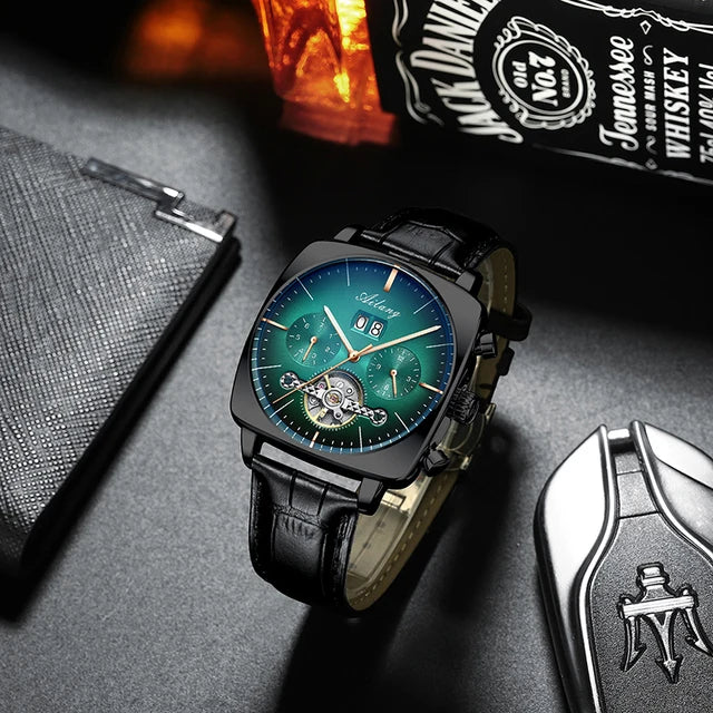 AILANG Men's Automatic Mechanical Watch – Hollow Dial, Calendar, Leather Strap
